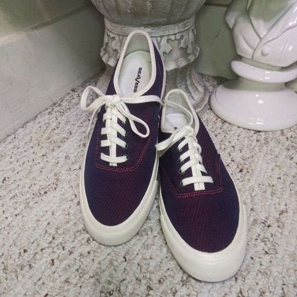 SeaVees X Derek Lam 10 Crosby Navy & Red Textured Stripe Fabric Legend Sneakers - Picture 2 of 9